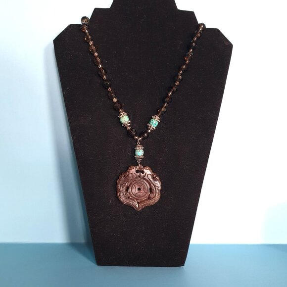 Impressive Vintage 925 Silver Natural Brown Jade Double Phoenix Amulet Necklace - Picture 4 of 12